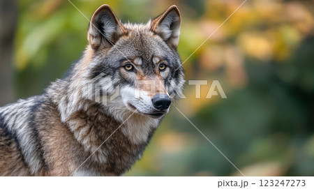 A stunning close-up captures the intense gaze and textured fur of a majestic wolf against an autumnal, bokeh-filled forest backdrop. A stunning close-up captures the intense gaze and textured fur of a majestic wolf against an autumnal, bokeh-filled forest backdrop. 123247273