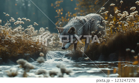 A lone wolf cautiously approaches a stream in a serene, flower-filled meadow, its gaze fixed on the water's surface, a scene of natural beauty. 123247276