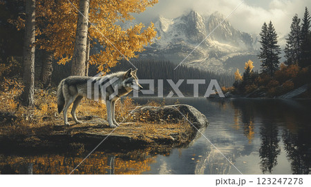 Wolf surveying a serene lake surrounded by autumnal trees and majestic snow-capped mountains, a scene of wild tranquility. 123247278