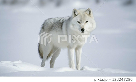 Arctic Wolf in Winter: A magnificent white wolf stands gracefully amidst a snowy landscape, a creature of resilience and beauty. 123247280