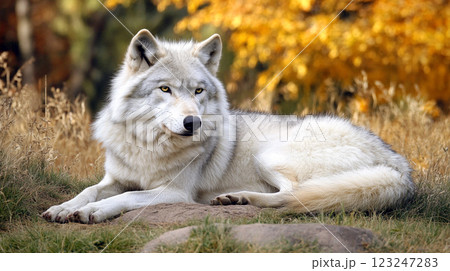 A majestic white wolf rests gracefully in a serene autumn landscape, exuding tranquility and natural beauty. Wildlife photography. 123247283