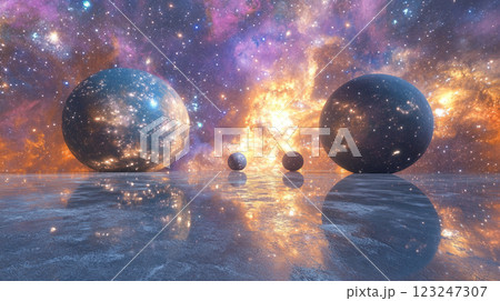 Celestial Spheres: Reflections of cosmic worlds mirrored on a reflective surface under a star-filled sky. Abstract celestial vista. Celestial Spheres: Reflections of cosmic worlds mirrored on a reflective surface under a star-filled sky. Abstract celestial vista. 123247307
