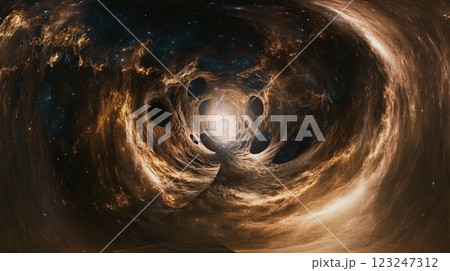 Abstract cosmic tunnel with swirling nebula clouds and dark voids, leading to a bright, ethereal light at the end. Journey through space. 123247312
