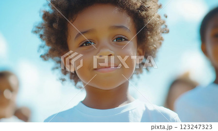 Portrait of a young, happy child with curly hair against a bright sky, radiating joy and innocence. Smiling and looking at the camera. 123247323