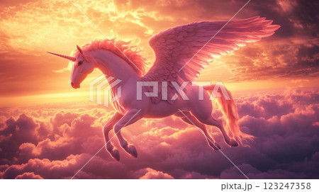 A majestic winged unicorn soars through a dreamy cloudscape at sunset, bathed in golden light, showcasing its ethereal grace and beauty. 123247358