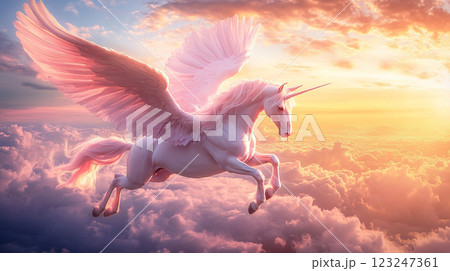 A graceful, winged unicorn soars through the sky, a symbol of hope and magic, illuminated by a warm, glowing sunset on the horizon. 123247361