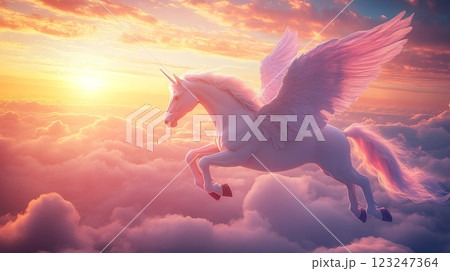 Majestic Pegasus soars through the clouds at sunset, its wings glowing, a symbol of freedom and fantasy under a warm colorful sky. Majestic Pegasus soars through the clouds at sunset, its wings glowing, a symbol of freedom and fantasy under a warm colorful sky. 123247364