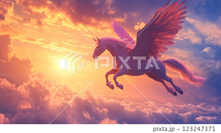 Majestic winged horse soars through a vibrant sky, bathed in the golden hues of sunset, evoking freedom and enchantment. Majestic winged horse soars through a vibrant sky, bathed in the golden hues of sunset, evoking freedom and enchantment. 123247371