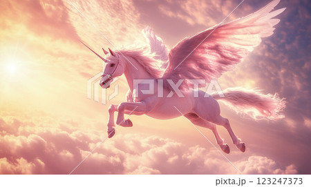 Majestic winged unicorn soars amidst rosy clouds, a symbol of dreams and magic, illuminated by the golden glow of dawn.  Fantasy takes flight! 123247373