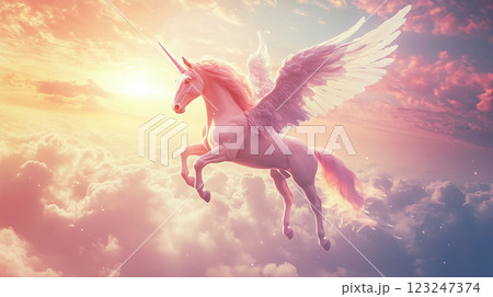 Pegasus Unicorn soaring through a dreamy sky with pastel clouds, a symbol of fantasy and grace in ethereal light. Magical and dreamy aesthetic. 123247374