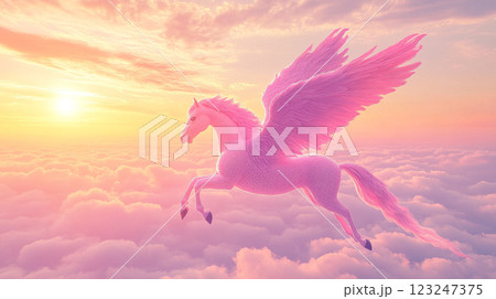 A pink Pegasus soars gracefully through a sky filled with soft, pastel clouds during a magical sunset. Fantasy meets dreamlike reality. A pink Pegasus soars gracefully through a sky filled with soft, pastel clouds during a magical sunset. Fantasy meets dreamlike reality. 123247375
