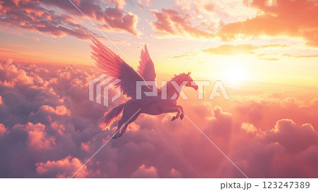 A majestic pegasus soars above a sea of fluffy pink clouds, bathed in the warm glow of a vibrant sunset, its wings outstretched. A majestic pegasus soars above a sea of fluffy pink clouds, bathed in the warm glow of a vibrant sunset, its wings outstretched. 123247389