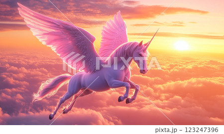 Magical winged unicorn soars through a sky filled with pastel clouds and a bright, hopeful sunset. Fantasy scene in a peaceful atmosphere. Magical winged unicorn soars through a sky filled with pastel clouds and a bright, hopeful sunset. Fantasy scene in a peaceful atmosphere. 123247396