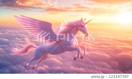 Winged Unicorn soars gracefully through a dreamy pastel skyscape filled with fluffy clouds during a glorious sunset or sunrise. Winged Unicorn soars gracefully through a dreamy pastel skyscape filled with fluffy clouds during a glorious sunset or sunrise. 123247397
