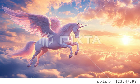 Majestic winged unicorn gracefully soars amidst vibrant sunset clouds, blending fantasy and serenity in a captivating mythical scene. 123247398