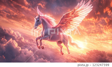 Majestic winged unicorn soaring through a vibrant sky filled with fluffy clouds bathed in a warm, ethereal light. Fantasy realized. Majestic winged unicorn soaring through a vibrant sky filled with fluffy clouds bathed in a warm, ethereal light. Fantasy realized. 123247399
