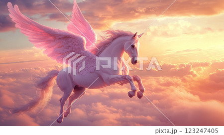 Pegasus soaring high above cotton candy clouds. Majestic white creature with stunning pink wings, bathed in the glow of a beautiful sunset. 123247405