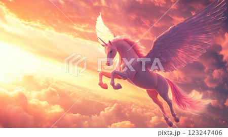 A majestic winged unicorn soars through a vibrant sky, casting a dreamy spell. A fantasy creature in flight. 123247406