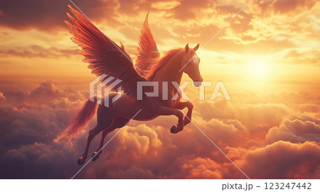 A winged horse soars through the sky, bathed in the golden glow of the setting sun, symbolizing freedom and ethereal beauty. 123247442