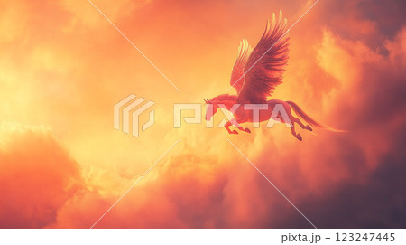 Winged horse soars through a fiery sky, bathed in golden light. Majestic flight above the clouds. Mythical and inspirational. 123247445