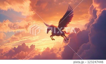 A majestic pegasus soars gracefully amidst vibrant sunset hues and billowing clouds, an ethereal display of fantasy and beauty. 123247446