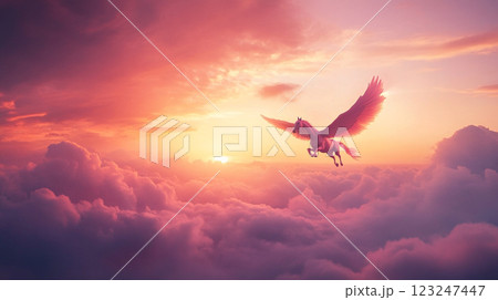 Pink Pegasus soars above the clouds during a vibrant sunset, fantasy and magic. Its majestic wings are catching the sunset's light. Pink Pegasus soars above the clouds during a vibrant sunset, fantasy and magic. Its majestic wings are catching the sunset's light. 123247447