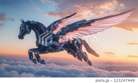 A majestic mechanical Pegasus soars through the sky amidst fluffy clouds, a beacon of imagination and technological marvel. A majestic mechanical Pegasus soars through the sky amidst fluffy clouds, a beacon of imagination and technological marvel. 123247449