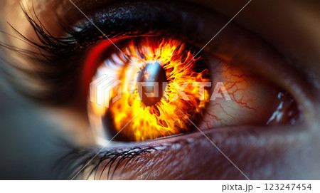 Fiery Eye Close-up: Intense gaze with a blazing iris creating a mystical and captivating visual. Burning soul with passionate look. Fiery Eye Close-up: Intense gaze with a blazing iris creating a mystical and captivating visual. Burning soul with passionate look. 123247454