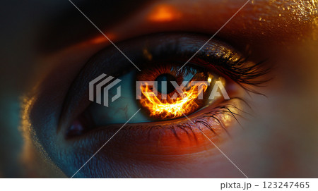 Close-up view of a human eye with a fiery glow within the iris, creating an intense and captivating visual effect. 123247465