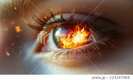 Fiery eye: A captivating close-up revealing intense flames reflected in the eye, symbolizing passion and inner fire. Stunning optical effect. 123247468