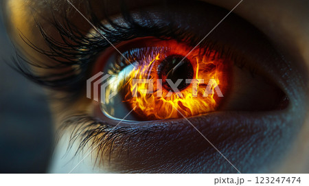 Fiery Gaze: Intense eye with a pupil ablaze, conveying power and raw emotion. A symbol of inner fire, passion, and captivating strength. Fiery Gaze: Intense eye with a pupil ablaze, conveying power and raw emotion. A symbol of inner fire, passion, and captivating strength. 123247474