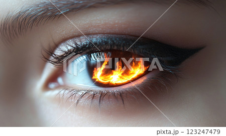 Eye of fire: an intense close-up showcasing a bright flame burning within the eye. Dramatic makeup with sharp eyeliner. 123247479