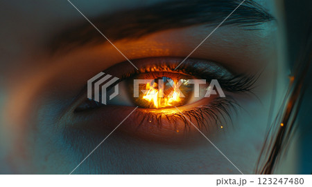 A mesmerizing close-up of an eye reflecting fiery flames, creating a dramatic and captivating focal point. The intense gaze is unforgettable. 123247480