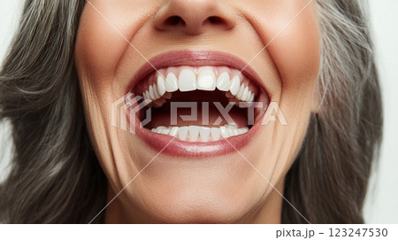Radiant smile showcasing healthy teeth and vibrant joy, highlighted by soft lighting and focus on expressive mouth features 123247530