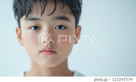 A close-up of a young boy with a gentle expression, looking directly at the camera, against a plain, light-colored background. 123247574