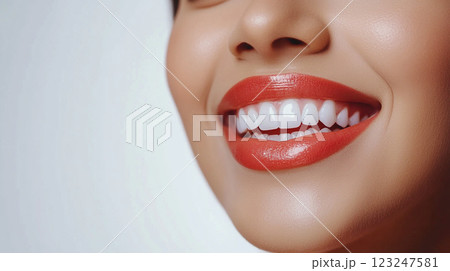 Close-up showcasing a radiant smile with bright white teeth and glossy red lipstick, highlighting dental health and beauty aesthetics. 123247581