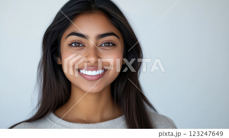Radiant young woman with a warm smile, showcasing healthy teeth and dark hair against a neutral background. Beauty and wellness concept. Radiant young woman with a warm smile, showcasing healthy teeth and dark hair against a neutral background. Beauty and wellness concept. 123247649