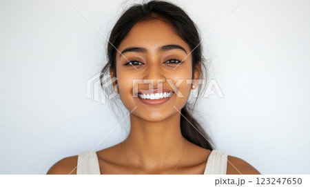 Smiling young woman with dark hair and golden skin tone posing in front of a white wall and wearing a light-colored tank top. 123247650