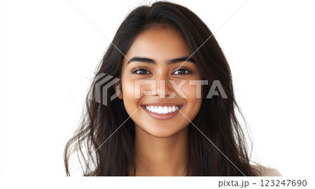 Radiant smile, warm eyes, and dark wavy hair against a clean backdrop create a captivating portrait of youthful beauty. Radiant smile, warm eyes, and dark wavy hair against a clean backdrop create a captivating portrait of youthful beauty. 123247690