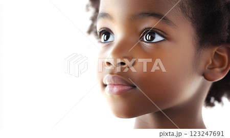 Close-up of a serene child, with her gaze directed upward, set against a bright, uncluttered background, creating a thoughtful ambiance. Close-up of a serene child, with her gaze directed upward, set against a bright, uncluttered background, creating a thoughtful ambiance. 123247691