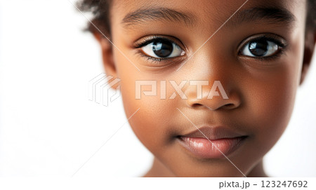 Close-up of a young child with curious eyes and a bright complexion. The portrait is simple, highlighting the child's features. Close-up of a young child with curious eyes and a bright complexion. The portrait is simple, highlighting the child's features. 123247692