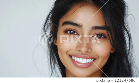 Radiant beauty shines through a warm smile and captivating eyes. This young woman exudes confidence and poise. Beauty portrait. Radiant beauty shines through a warm smile and captivating eyes. This young woman exudes confidence and poise. Beauty portrait. 123247696