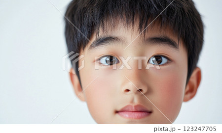 Close-up portrait of a young child with a serene expression, showcasing their innocent gaze and youthful complexion against a plain background. Close-up portrait of a young child with a serene expression, showcasing their innocent gaze and youthful complexion against a plain background. 123247705