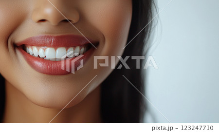 Radiant smile showcasing healthy white teeth complemented by a dark lipstick shade. A picture of dental hygiene and beauty expression. Radiant smile showcasing healthy white teeth complemented by a dark lipstick shade. A picture of dental hygiene and beauty expression. 123247710