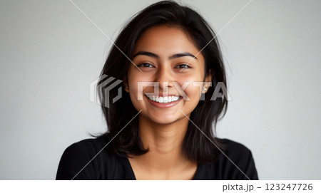 Smiling young woman looking directly at camera. Dark hair frames her face as she showcases a bright, genuine smile on simple white background. 123247726