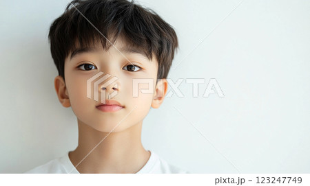 Portrait of a young boy with a calm expression against a plain white background, emphasizing childhood innocence and youthful countenance. Portrait of a young boy with a calm expression against a plain white background, emphasizing childhood innocence and youthful countenance. 123247749