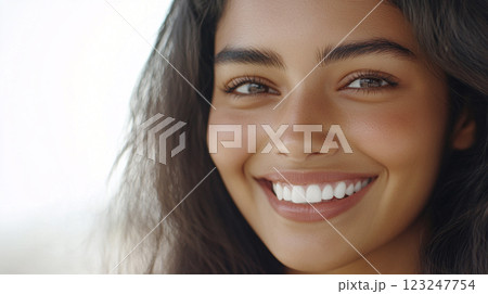 Radiant smile of a youthful woman showcasing healthy teeth. A natural, warm beauty highlighted by soft, light-filled background, face-focused portrait. Radiant smile of a youthful woman showcasing healthy teeth. A natural, warm beauty highlighted by soft, light-filled background, face-focused portrait. 123247754