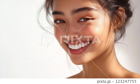Radiant smile of a young woman with beautiful skin and makeup, against a soft white background, emanating happiness and self-assurance. Radiant smile of a young woman with beautiful skin and makeup, against a soft white background, emanating happiness and self-assurance. 123247755