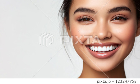 Radiant smile of a beautiful woman with perfect teeth, glowing skin, and subtly enhanced features against a soft, neutral background. Radiant smile of a beautiful woman with perfect teeth, glowing skin, and subtly enhanced features against a soft, neutral background. 123247758