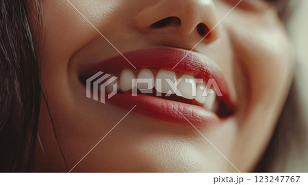 Close-up shot of a person's smile featuring bright white teeth and red lipstick, emphasizing dental health and beauty, healthy gums, and confidence. 123247767